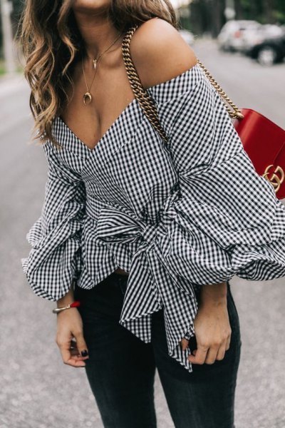 black and white deep v-neck checkered knotted go up