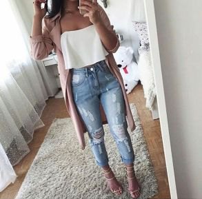 white strapless top with gray longline blazer and torn jeans