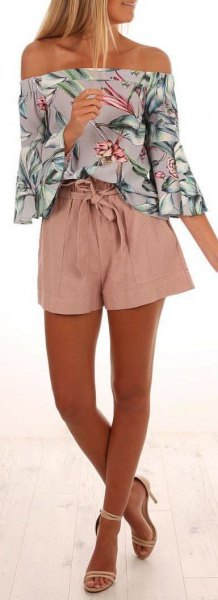 strapless shirt with pink and white floral print and flowing mini shorts