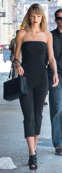 black tube top with shortened pants and open toe heels
