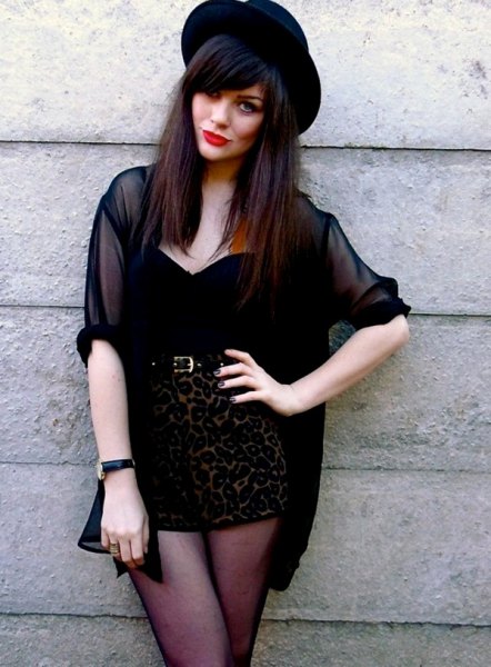 black chiffon blouse with strapless top and mini velvet shorts