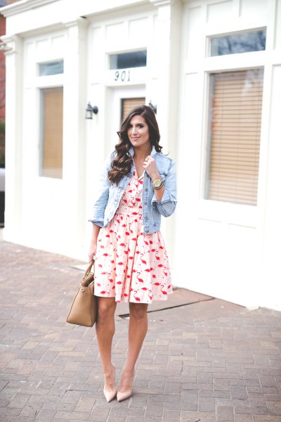 white and red cut and flared mini dress with light blue denim jacket