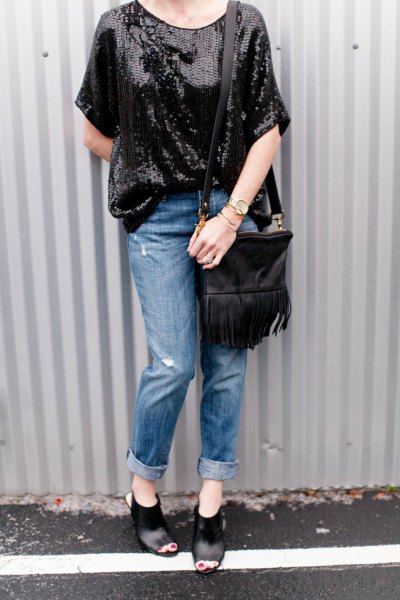 oversized black sequin top with leather pocket