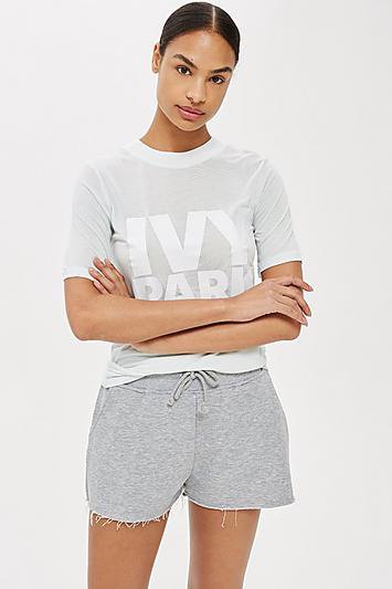 gray and white graphic t-shirt with mini shorts