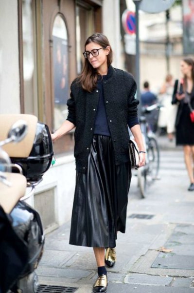 black wool bomber jacket with faux leather midi pleated skirt