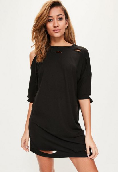 black off shoulder t-shirt dress with half sleeves