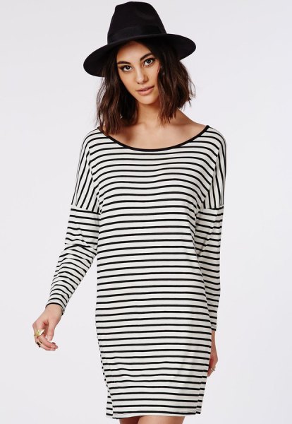 black and white striped oversized long-sleeved t-shirt with a scoop neck
