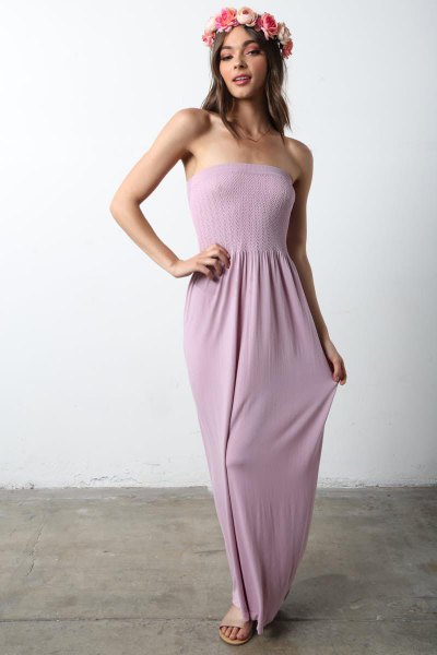 Light gray strapless fit and flared maxi dress with bare sandals