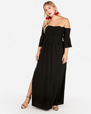 black ruffle sleeves from the off shoulder maxi side slit dress