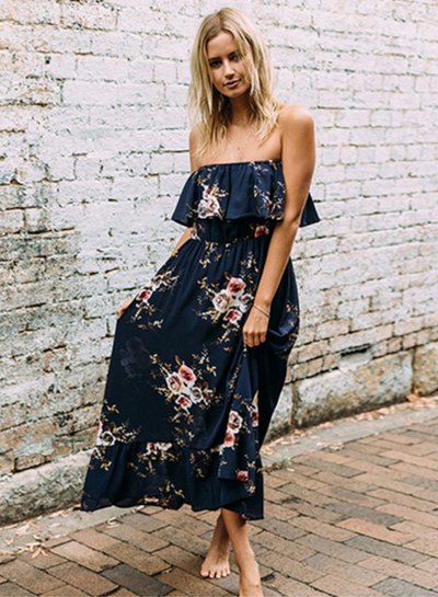 Dark blue maxi dress with frill shoulder and floral pattern