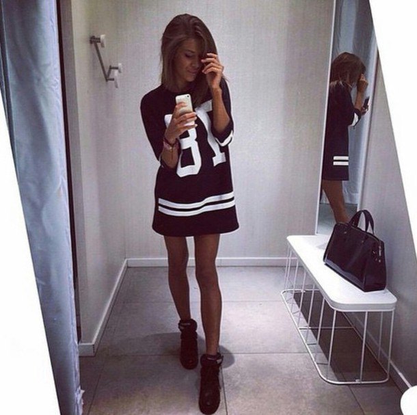 black graphic t-shirt dress with ankle boots