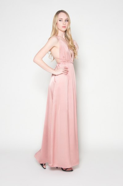 pale pink backless maxi dress with gathered waist