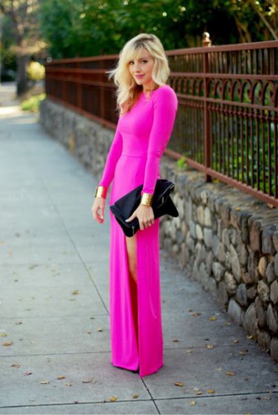 Hot pink long sleeve side slit floor length dress