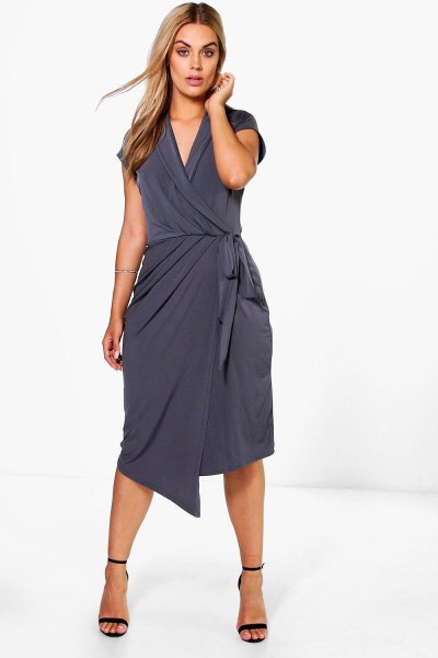 gray, loose-fitting midi wrap dress with waistband