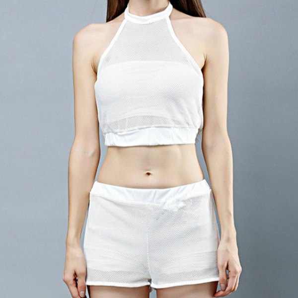 white short halter top with mini mesh shorts