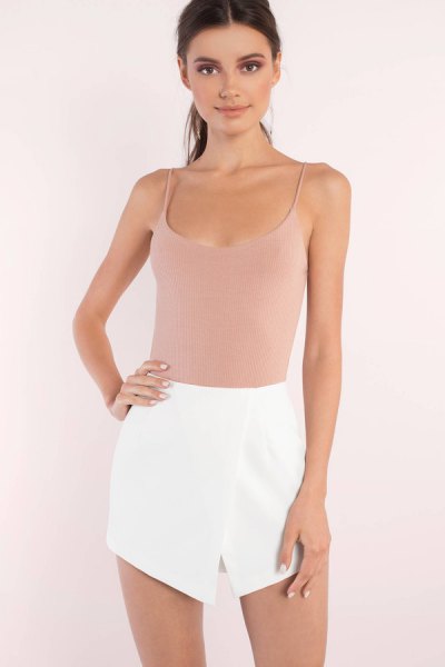 Light pink top with scoop neck and mini skirt