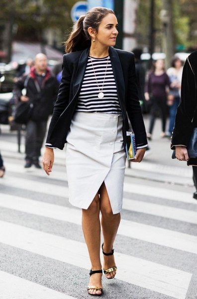 black blazer with a striped t-shirt and white midi flared skirt