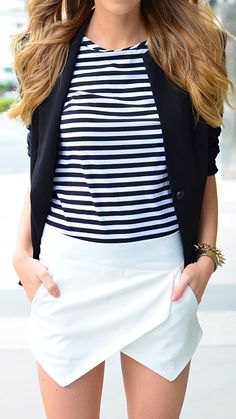black and white striped t-shirt with blazer and mini skirt