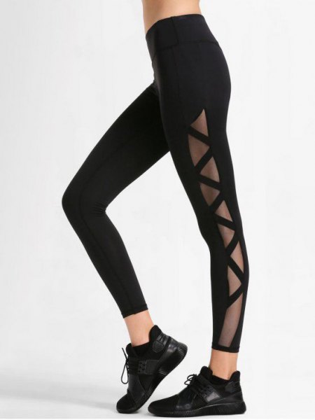 black sport crop top with black mesh workout leggings
