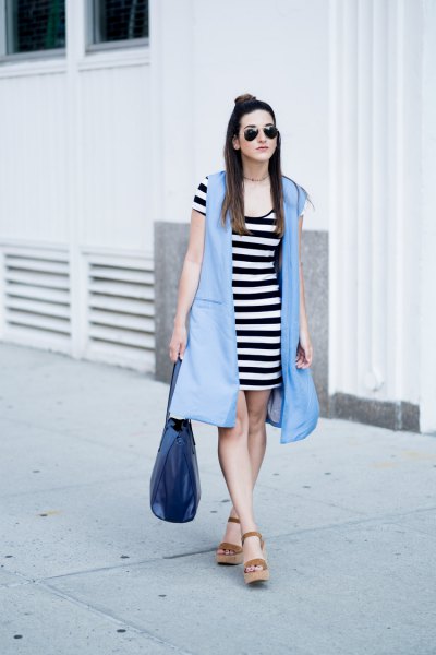 light blue longline vest with black and white striped mini dress
