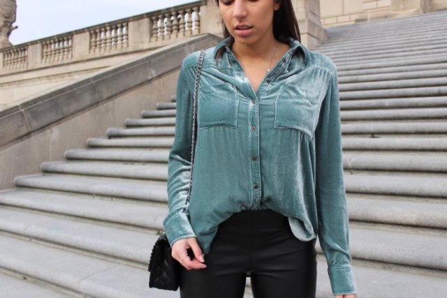 gray velvet shirt with buttons and black slim fit jeans