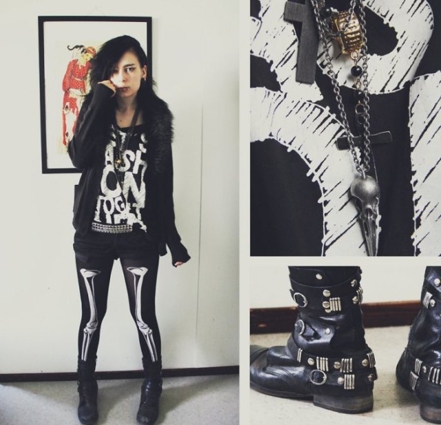 black leather jacket with graphic tunic t-shirt and skeleton leggings
