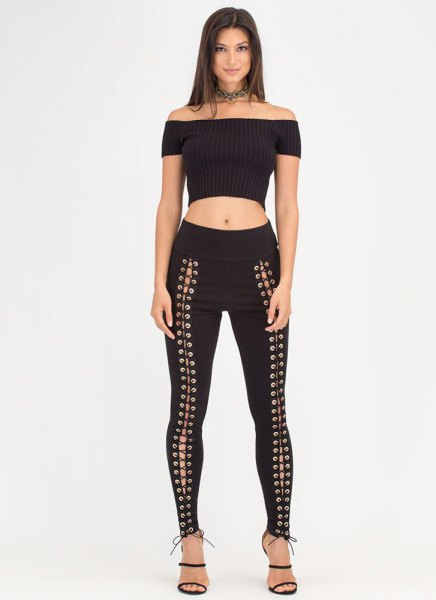 Black strapless crop top with high leggings