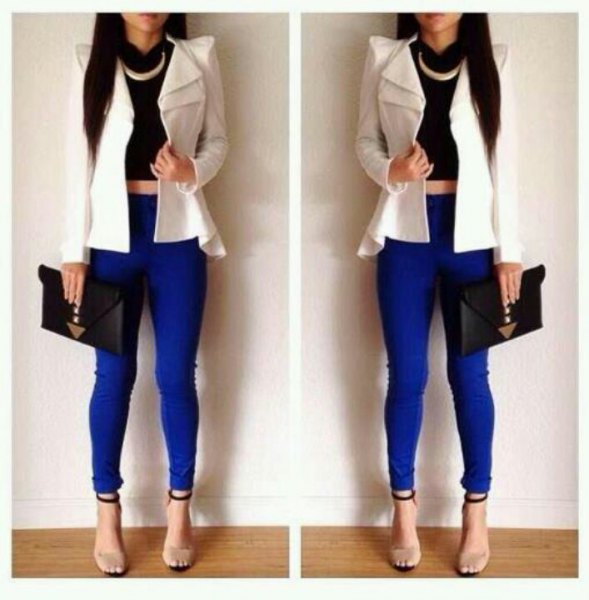 white puff shoulder blazer with royal blue leggings and open toe heels