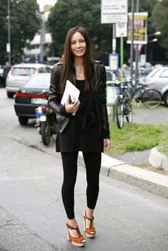 black leather jacket with mini shift dress and footless tights