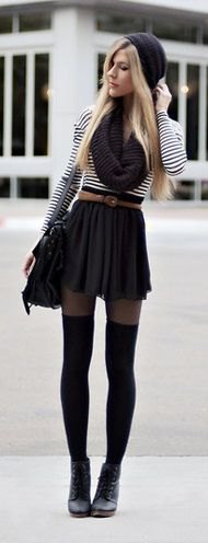 black and white striped T-shirt with belt mini-skirt and tights