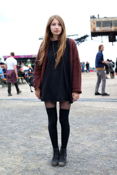 black mini shift dress with gray, oversized cardigan and thigh-high leggings