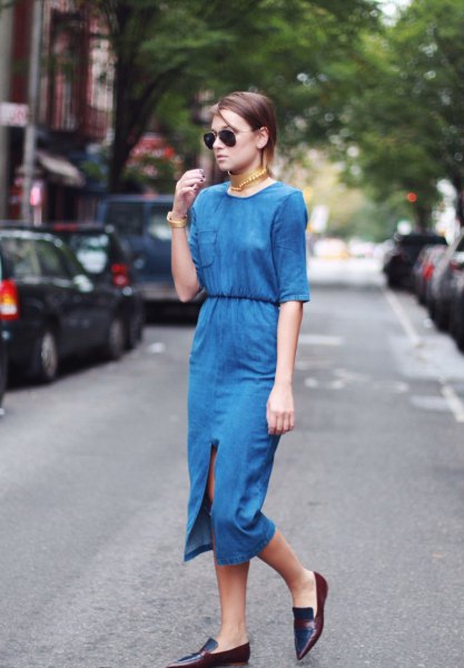 blue two-piece midi dress with half sleeves and pointed leather shoes