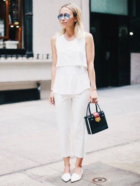 white sleeveless top with shortened linen trousers
