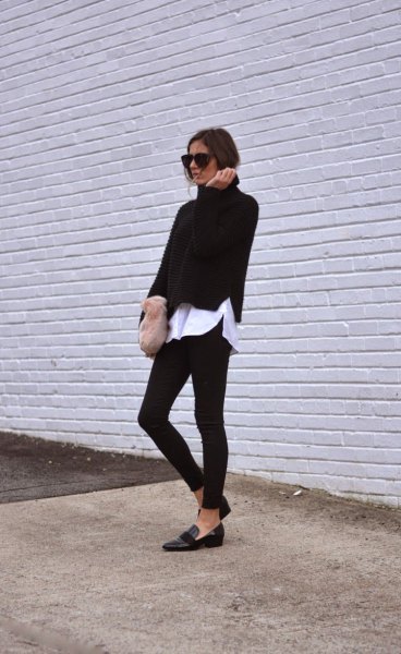 black sweater with white boyfriend shirt and skinny jeans