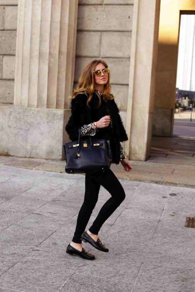 black blazer with blouse with leopard print and penny loafers