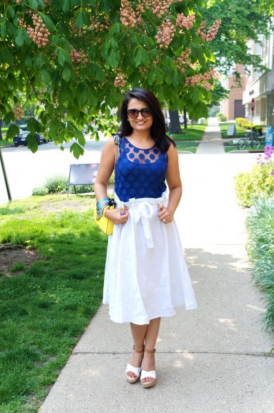 Royal blue sleeveless tank top with white midi flare skirt made of cotton waistband