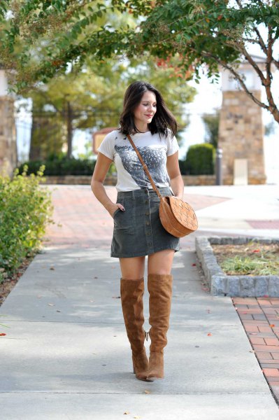 white printed t-shirt with gray cord mini skirt and over the knee boots