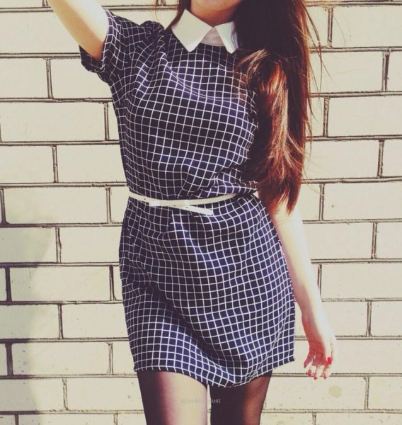 black and white checkered short sleeve mini dress with belt and shirt collar