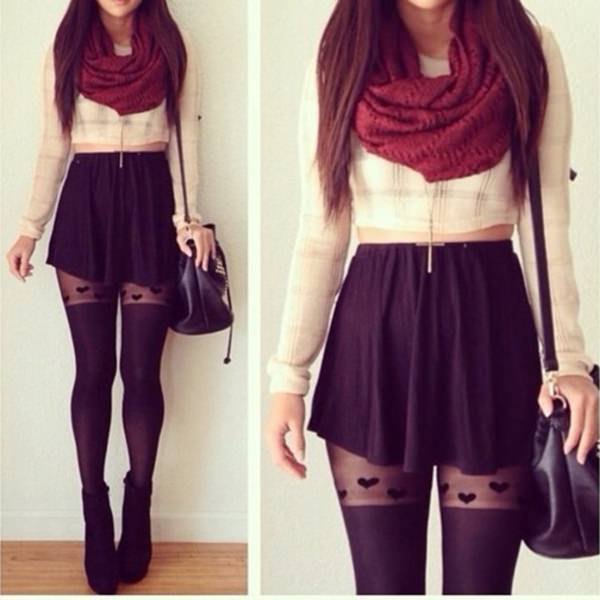 white, short-cut blouse with red infinity scarf and mini skirt