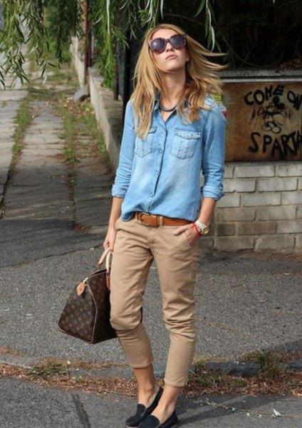 Boyfriend denim shirt with chinos and black loafers