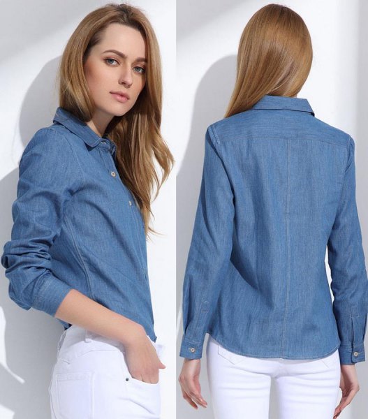 blue denim shirt with a slim fit and white skinny jeans