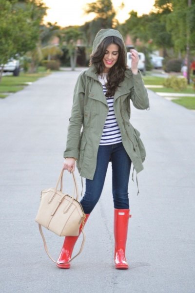 gray hooded jacket with dark blue and white striped long-sleeved T-shirt