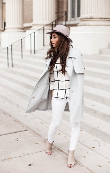 light gray walker coat with checkered top and white jeans