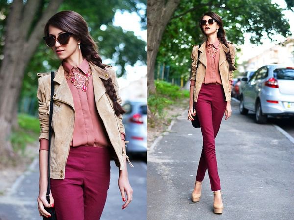 Camel suede blazer with a pink shirt and maroon high-rise jeans