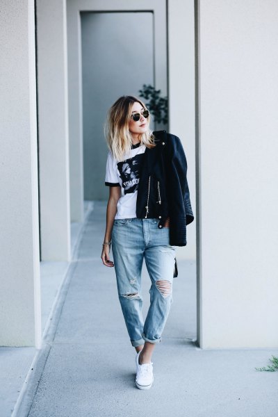 ripped jeans with white printed t-shirt and black leather jacket