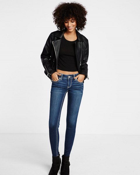 black leather jacket with scoop neck shoes and dark blue skinny jeans