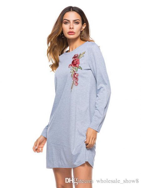 gray floral graphic long sleeve dress