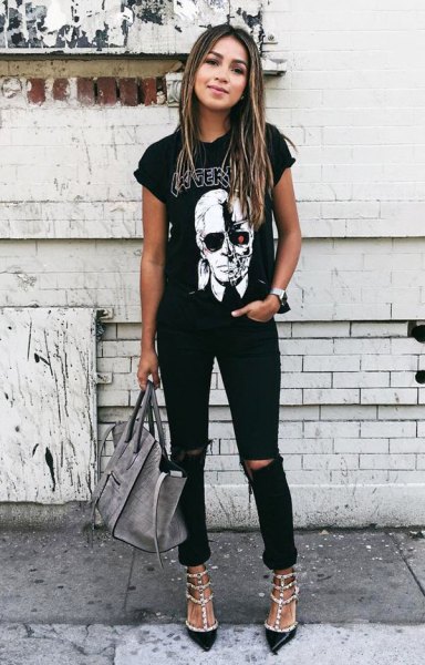 black rolled sleeve graphic with ripped jeans and sequins with heels