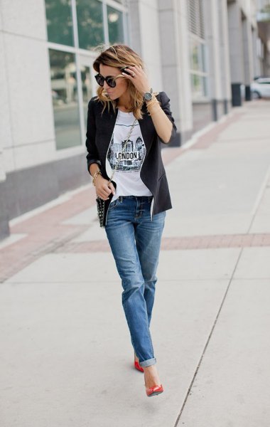 black leather jacket with white tee and cuffed jeans