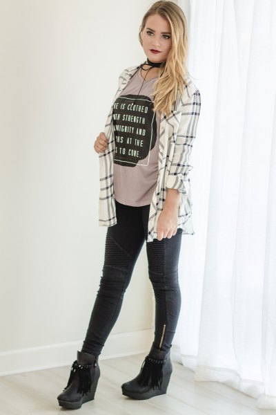 white and gray checkered boyfriend shirt with pink pink cool graphic tee